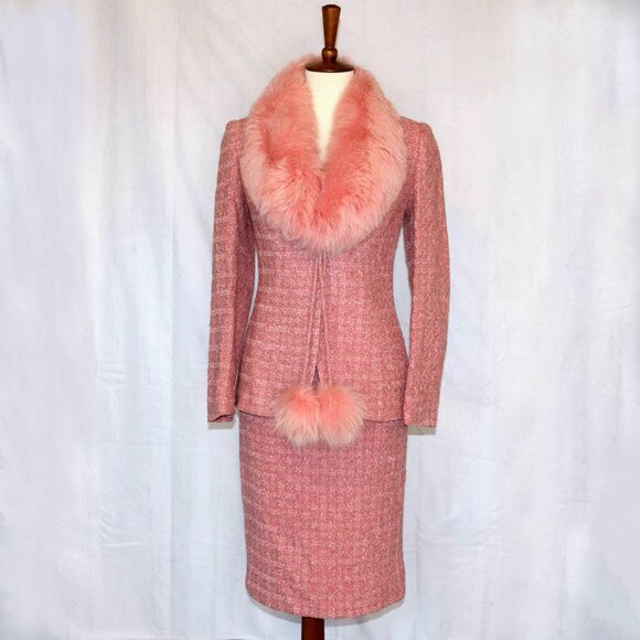 Ecaille Paris Designer Pink Fox Fur Trim Tweed Blazer Skirt Set - Picture 1 of 10